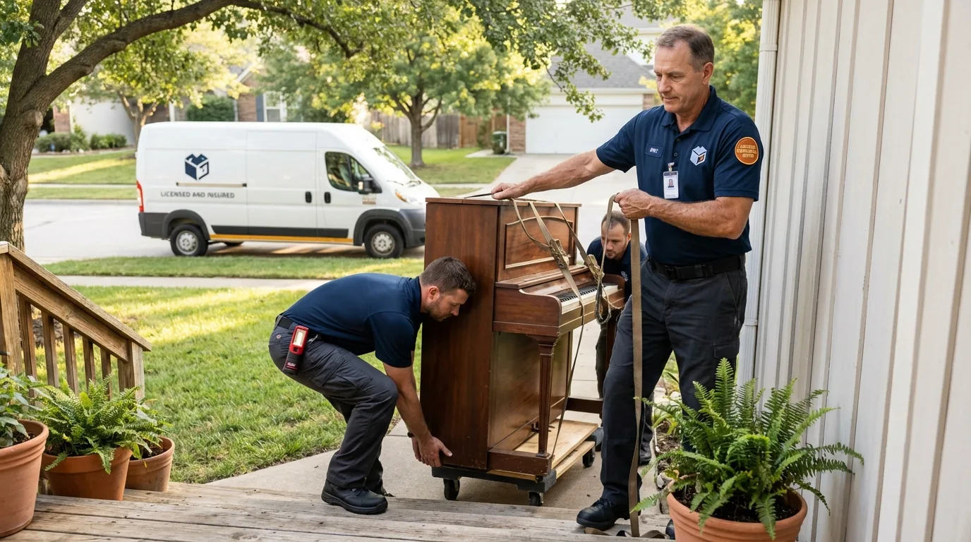 Licensed piano movers securing grand piano in Convent, LA