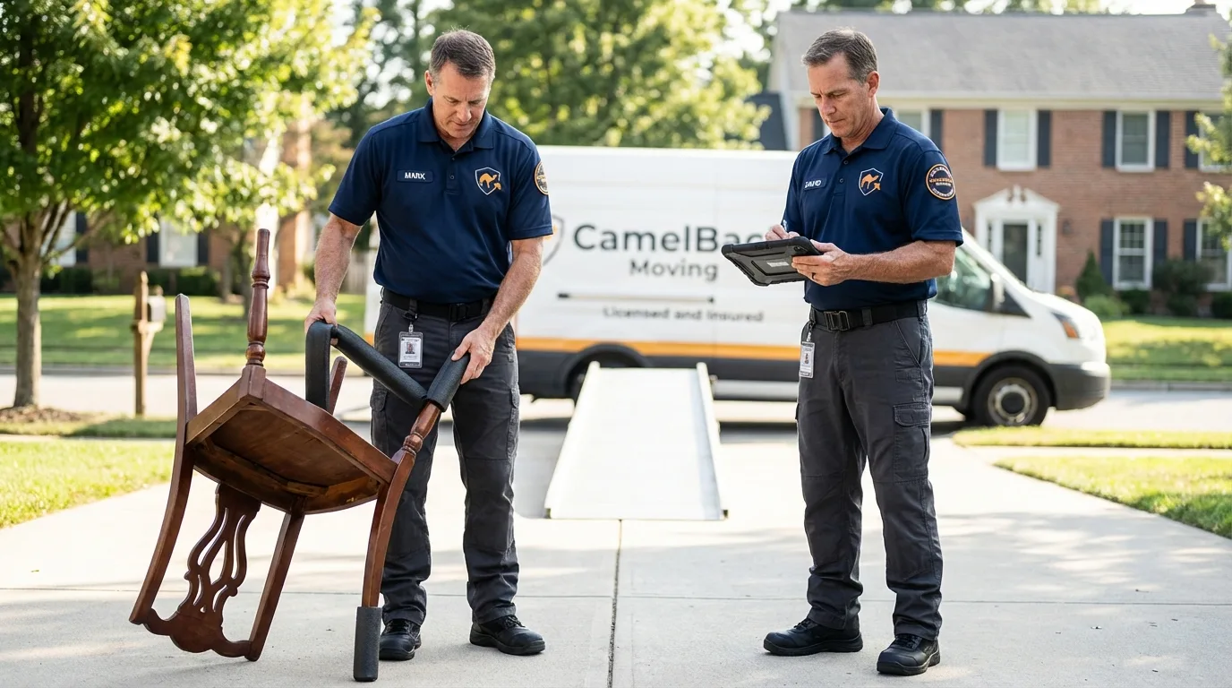 Movers inspecting furniture for damage prevention before loading in Convent, LA